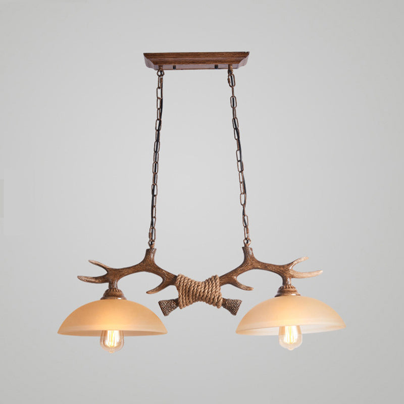 2 - Light Kitchen Island Light Wood & Dome Glass Shade Ceiling Pendant with Antlers Accent