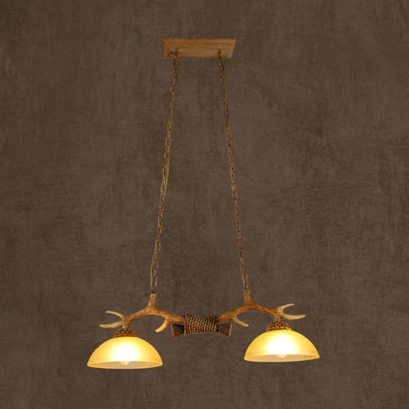 2 - Light Kitchen Island Light Wood & Dome Glass Shade Ceiling Pendant with Antlers Accent
