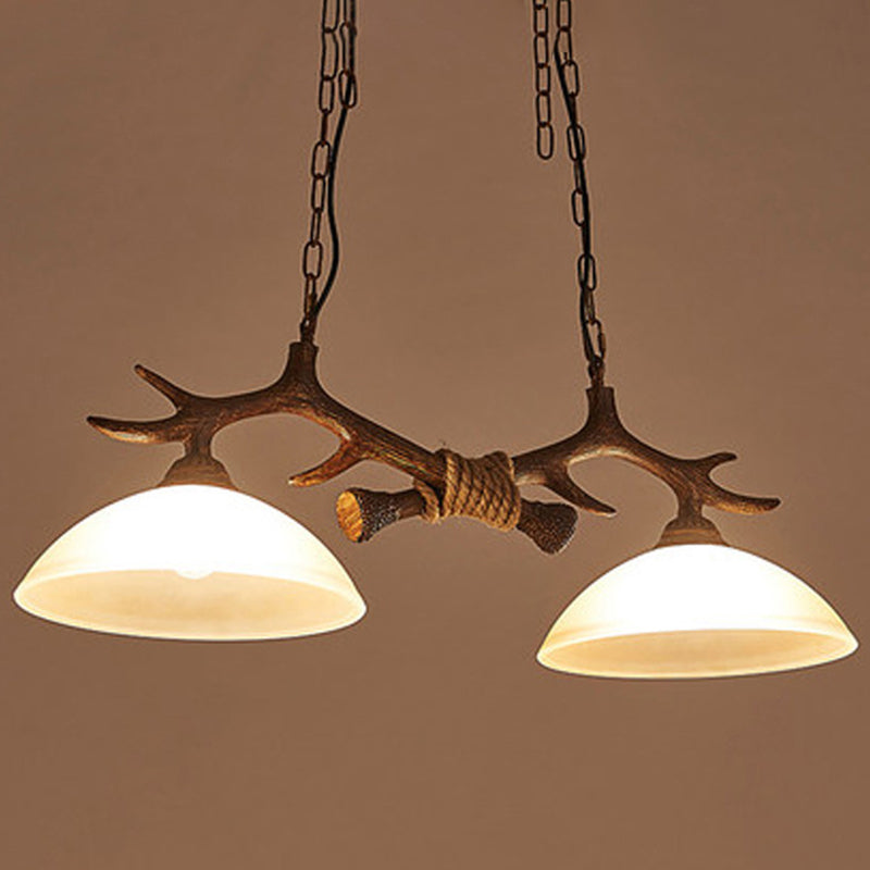 2 - Light Kitchen Island Light Wood & Dome Glass Shade Ceiling Pendant with Antlers Accent