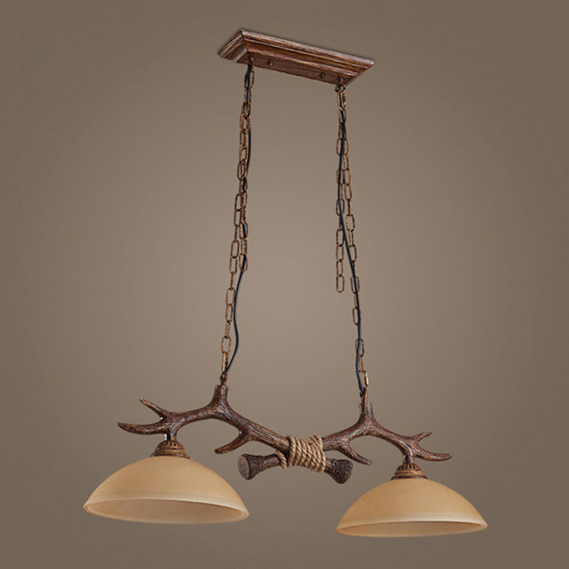 2 - Light Kitchen Island Light Wood & Dome Glass Shade Ceiling Pendant with Antlers Accent