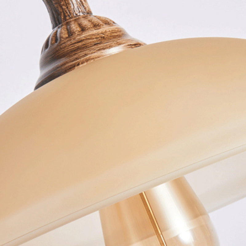2 - Light Kitchen Island Light Wood & Dome Glass Shade Ceiling Pendant with Antlers Accent