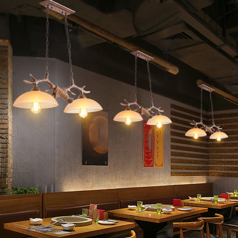 2 - Light Kitchen Island Light Wood & Dome Glass Shade Ceiling Pendant with Antlers Accent