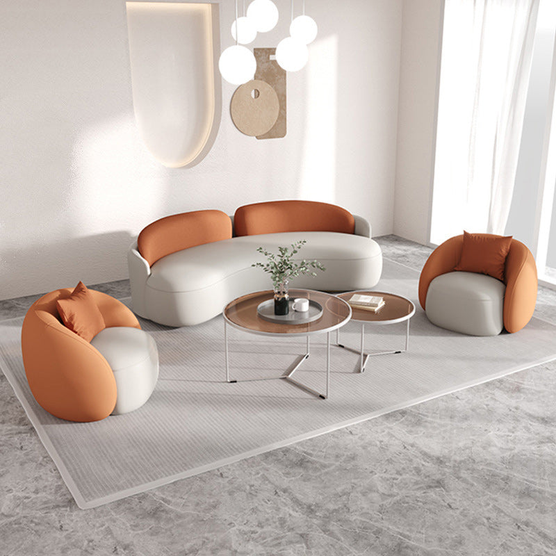 Contemporary Faux Leather Sofa Curved Cushions Back Sofa in White and Orange