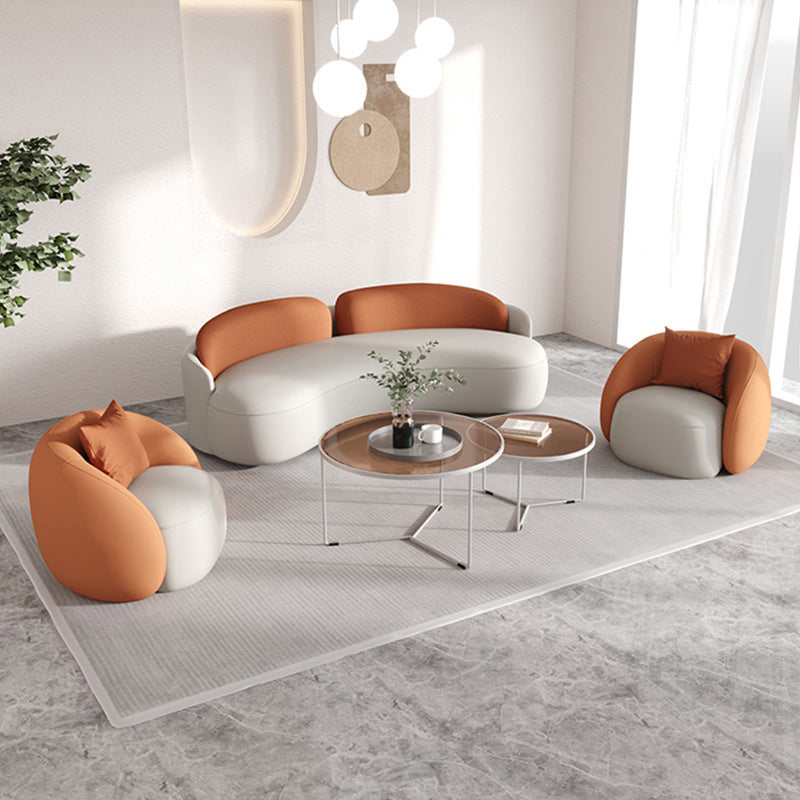 Contemporary Faux Leather Sofa Curved Cushions Back Sofa in White and Orange