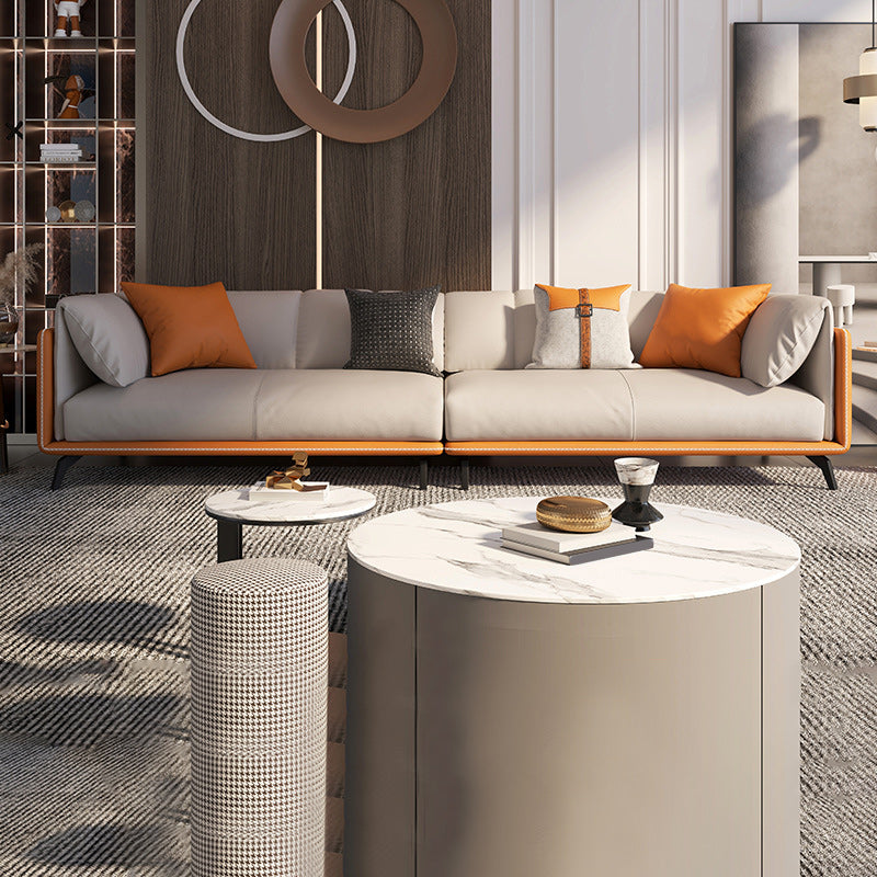 Contemporary Faux Leather Sofa with Tuxedo Arm in Orange and White
