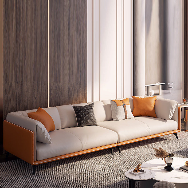 Contemporary Faux Leather Sofa with Tuxedo Arm in Orange and White