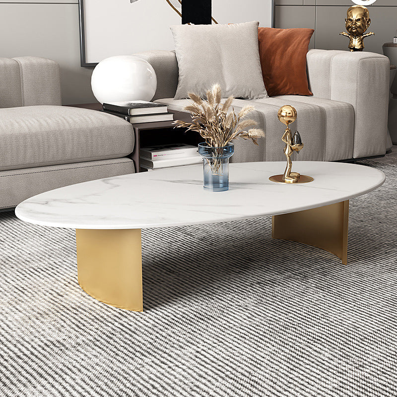 Glam Oval Stone Top Coffee Table with Steel Base Cocktail Table
