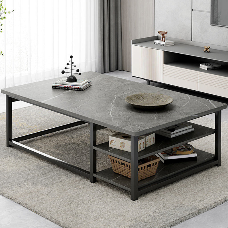 16.53" H Rectangle Wooden Coffee Table Metal Frame Cocktail Table with Shelves