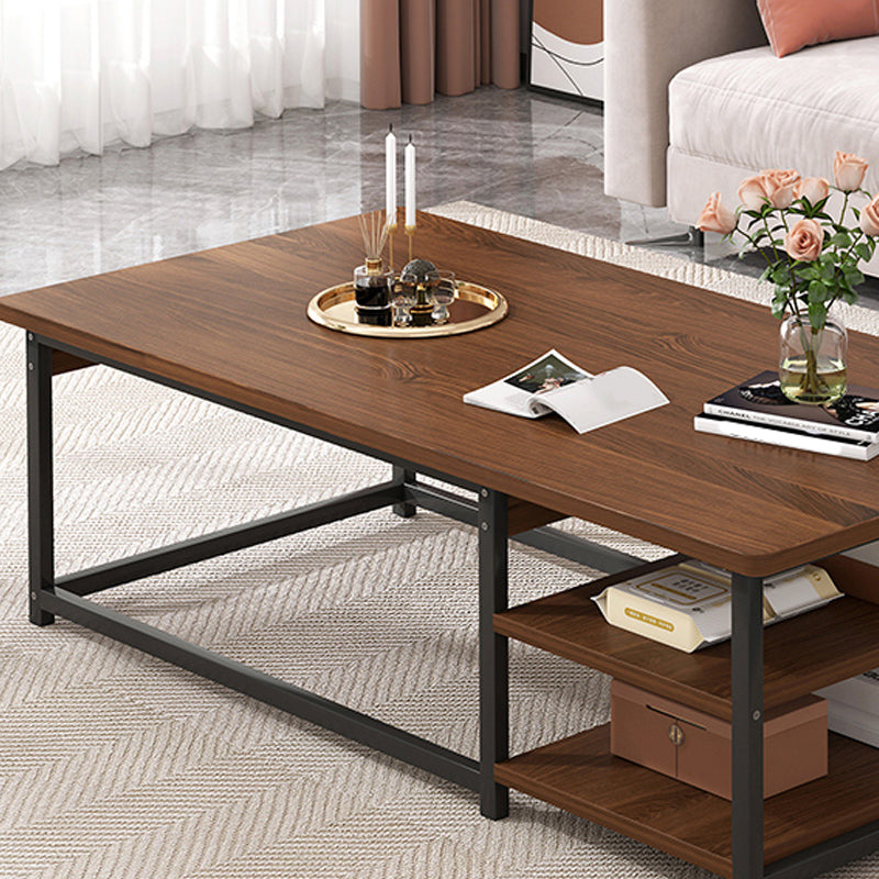 16.53" H Rectangle Wooden Coffee Table Metal Frame Cocktail Table with Shelves