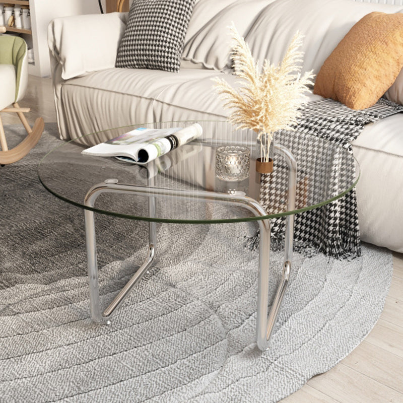 Contemporary Round Glass Top Coffee Table with Steel Sled Legs
