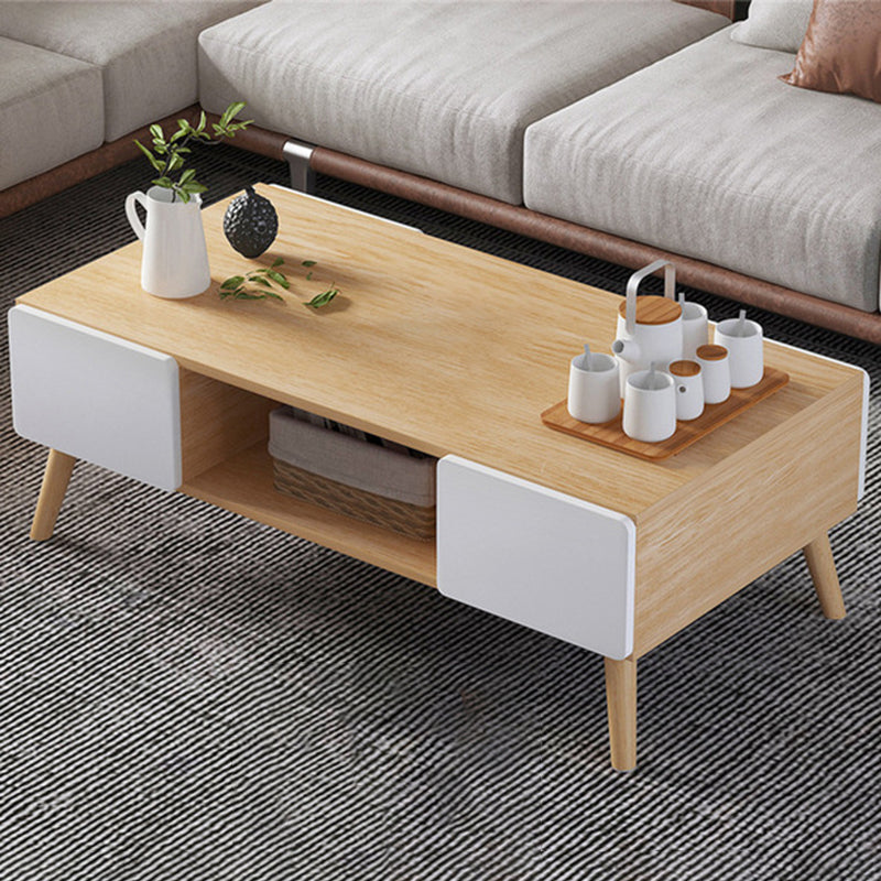 Modern Rectangle Wooden Coffee Table 4 Legs Cocktail Table with Storage