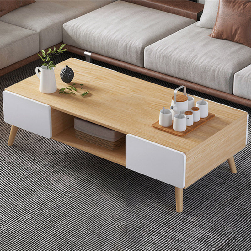 Modern Rectangle Wooden Coffee Table 4 Legs Cocktail Table with Storage
