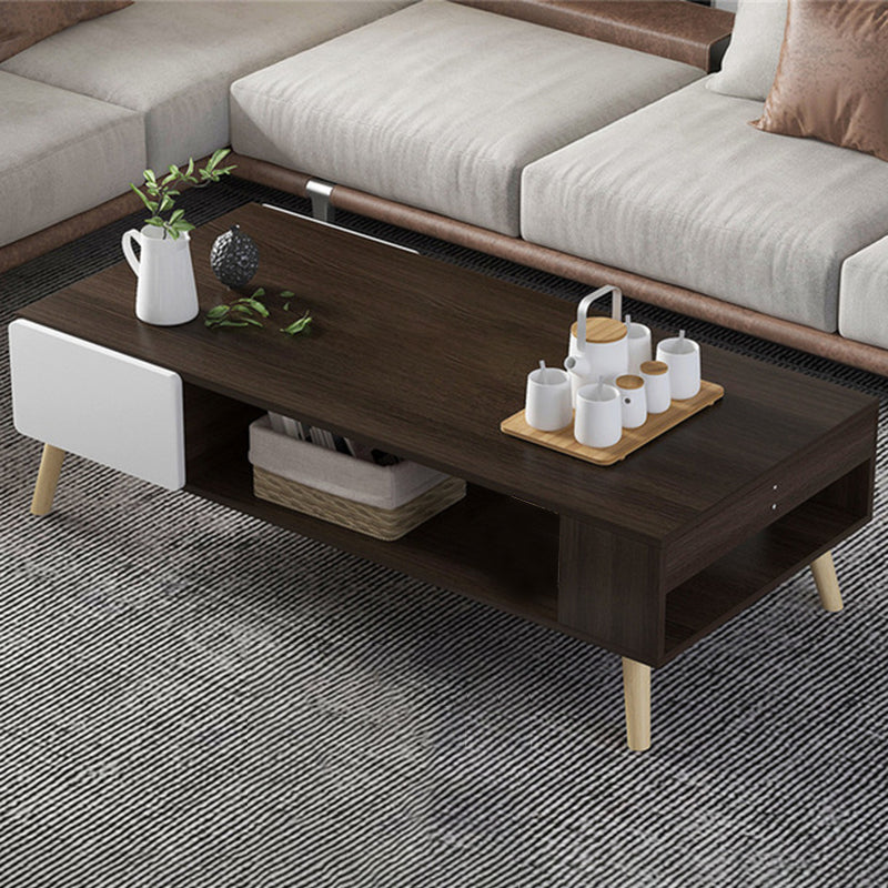 Modern Rectangle Wooden Coffee Table 4 Legs Cocktail Table with Storage