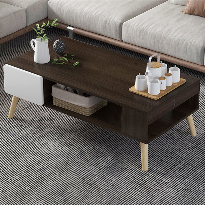 Modern Rectangle Wooden Coffee Table 4 Legs Cocktail Table with Storage