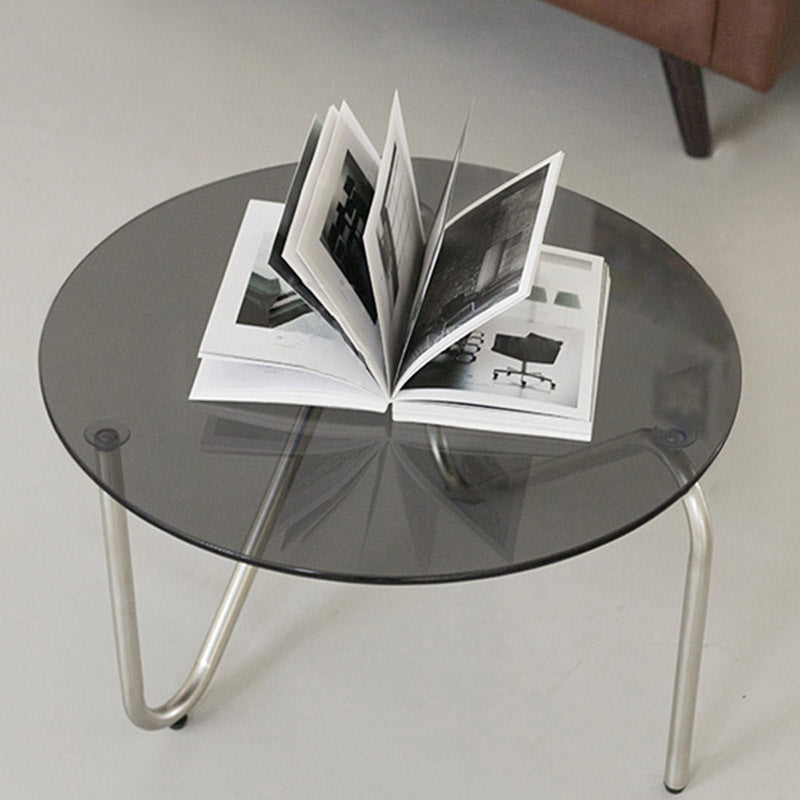Contemporary Grey Round Glass Coffee Table with Metal 3 Legs