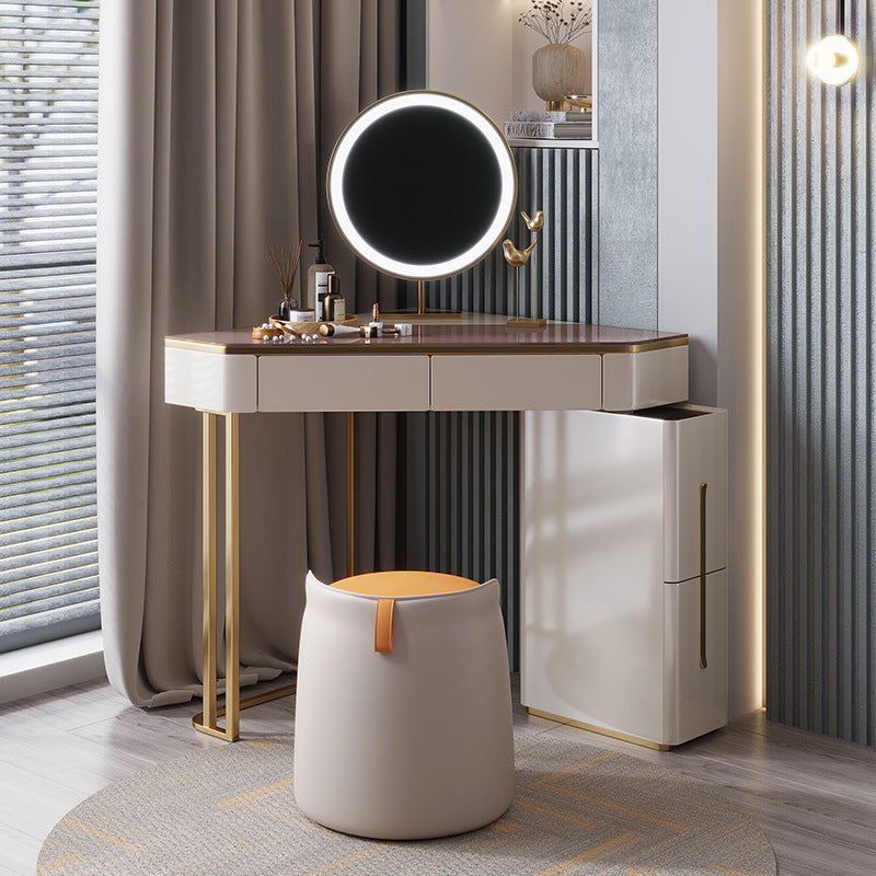 Mirrored Vanity Table and Stool Set 4 Drawers Glass Top Vanity Desk