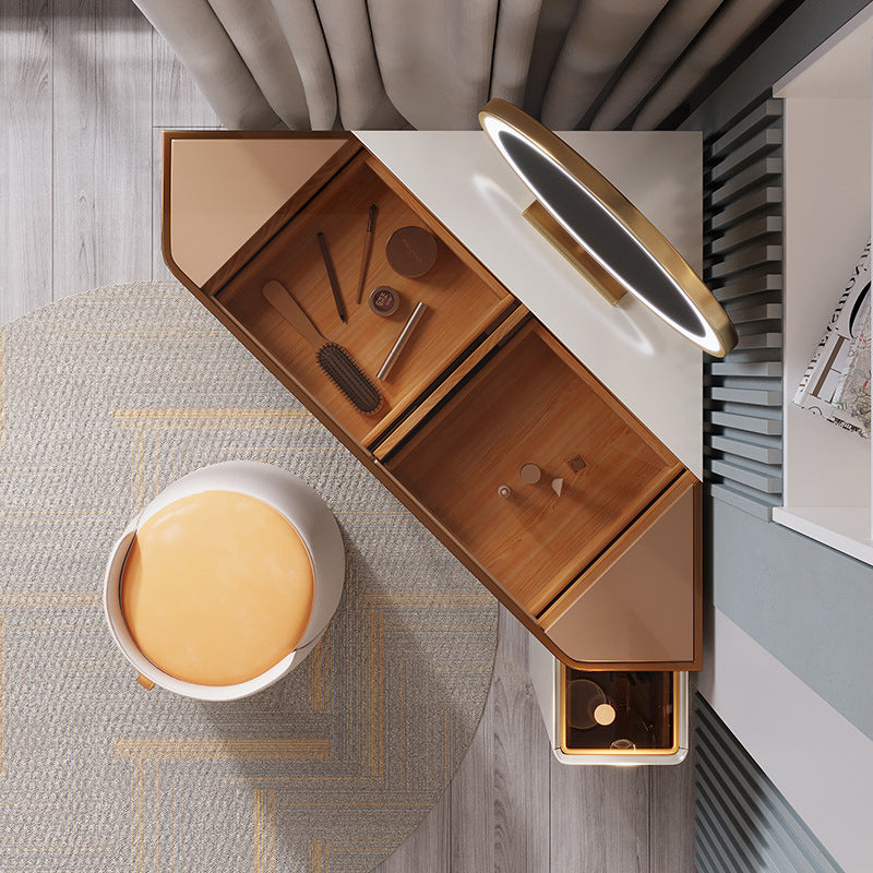 Mirrored Vanity Table and Stool Set 4 Drawers Glass Top Vanity Desk