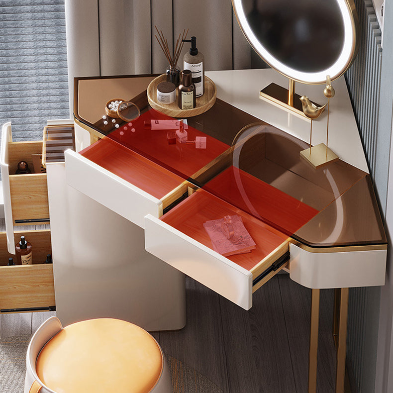 Mirrored Vanity Table and Stool Set 4 Drawers Glass Top Vanity Desk