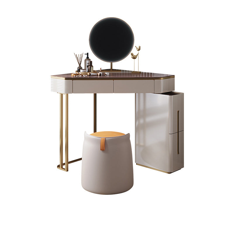 Mirrored Vanity Table and Stool Set 4 Drawers Glass Top Vanity Desk