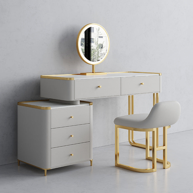 15.74" Wide Glass Vanity Desk with 5 Storage Drawers Cream Wood Vanity Set for Bedroom