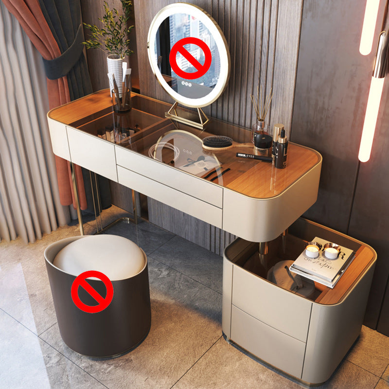 Glass Vanity Desk with 5 Storage Drawers 16.14" Wide Cream Wood Vanity Set