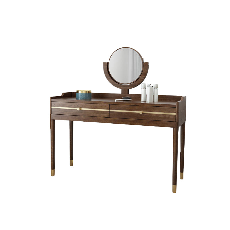 Mirror & 2 Drawers Makeup Vanity Traditional Brown Dressing Table Stool Set