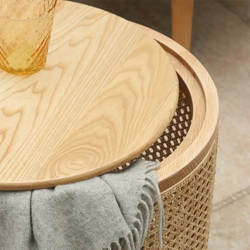 18.11" Tall Wood Round Top Side Table Drum Base End Table with Storage
