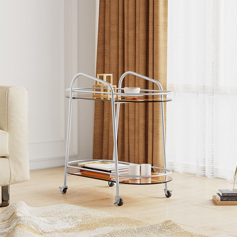 Modern Oval Glass Side Table End Table Metal Base Side Table with Shelf and Wheel