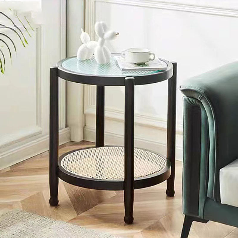 21.65" Tall Round Glass Top Side Table Wood 4 Legs End Table with Shelf