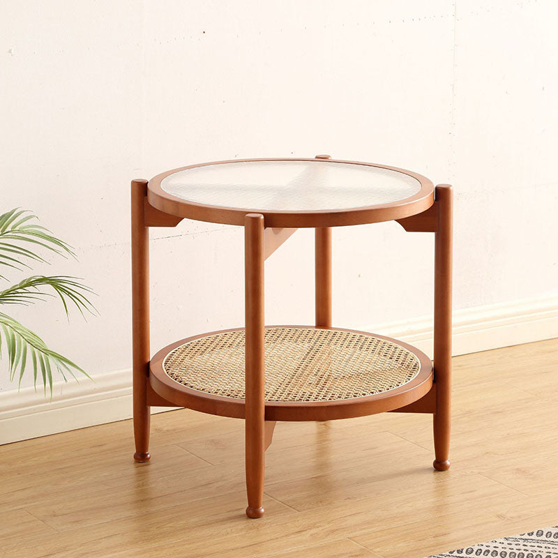21.65" Tall Round Glass Top Side Table Wood 4 Legs End Table with Shelf