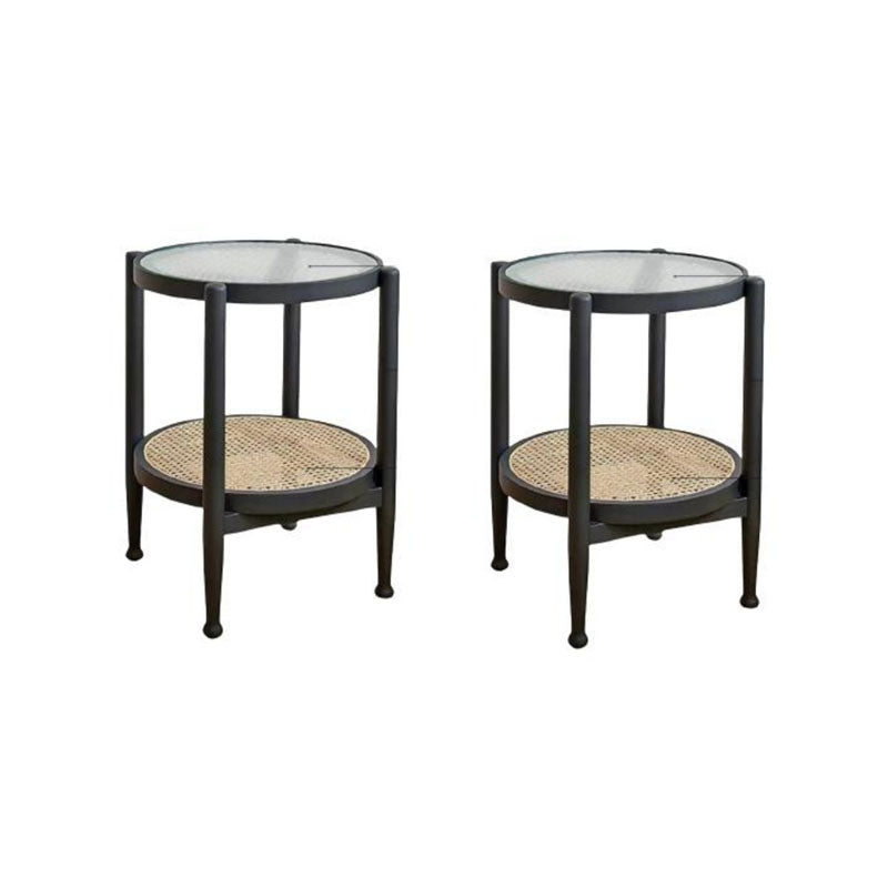 21.65" Tall Round Glass Top Side Table Wood 4 Legs End Table with Shelf