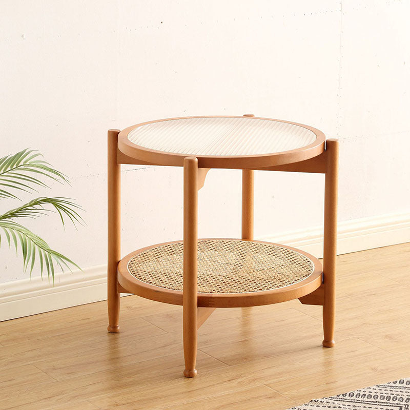 21.65" Tall Round Glass Top Side Table Wood 4 Legs End Table with Shelf