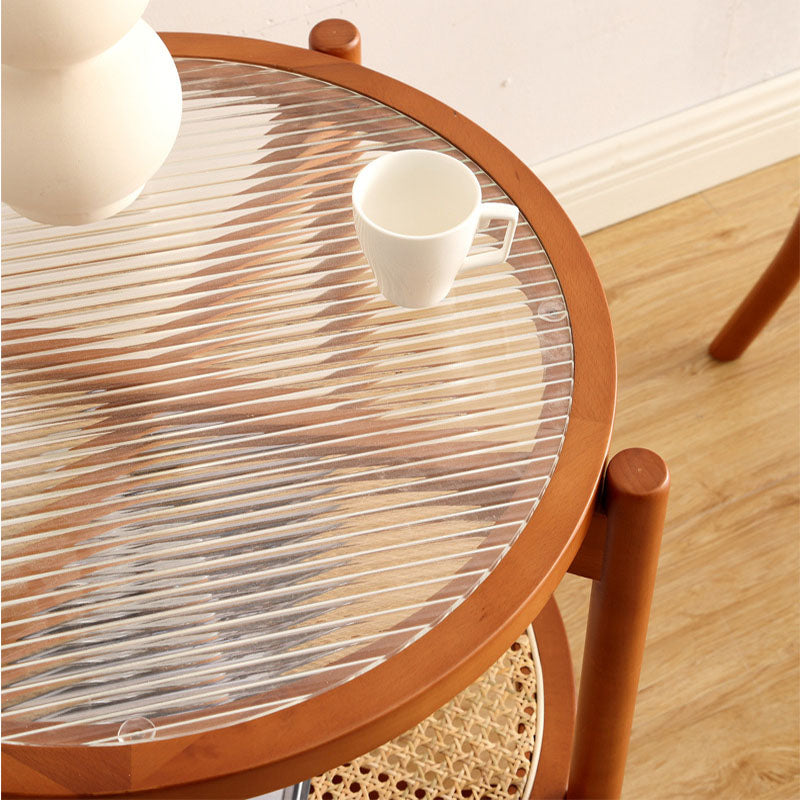 21.65" Tall Round Glass Top Side Table Wood 4 Legs End Table with Shelf