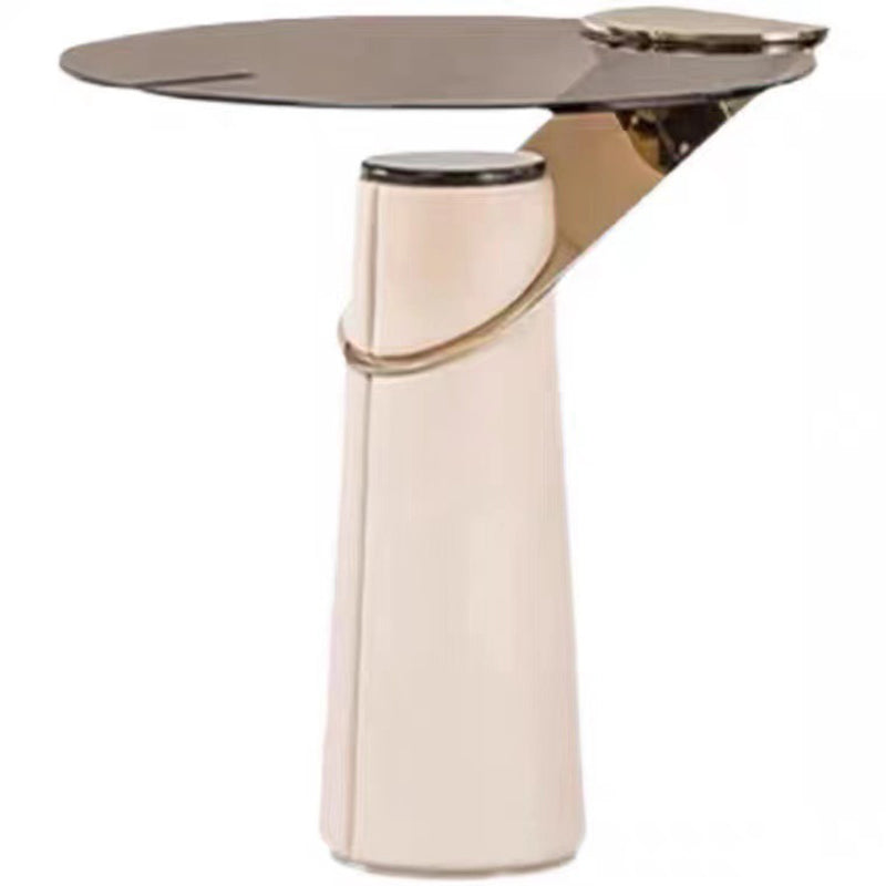 Round Glass Top Side Table 23.62" Tall Leather Pedestal End Table