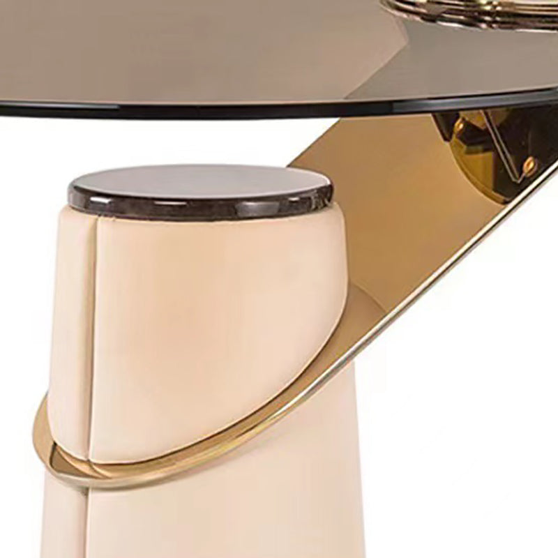 Round Glass Top Side Table 23.62" Tall Leather Pedestal End Table