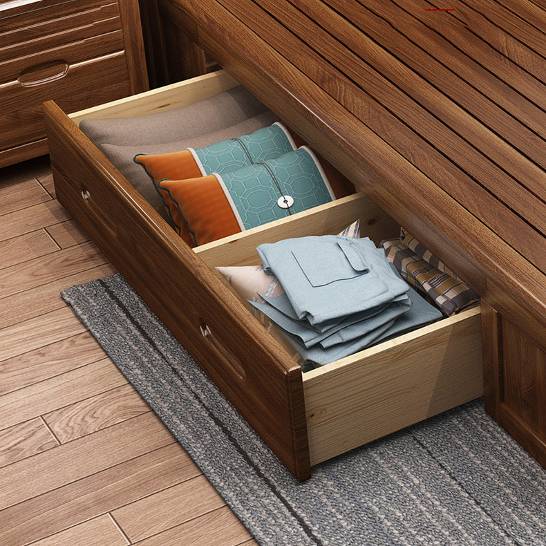 Walnut Solid Color Panel Bed Mid-Century Modern Standard Bed with Headboard