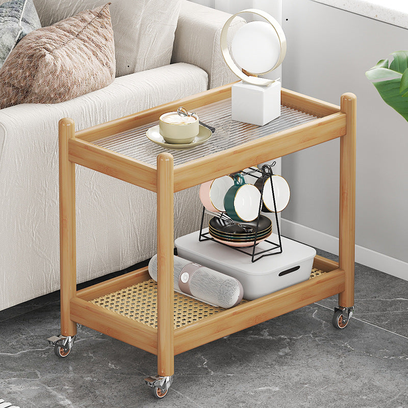 Modern Rectangular Glass Top End Table Wood Base Side Table with Shelf and Wheel