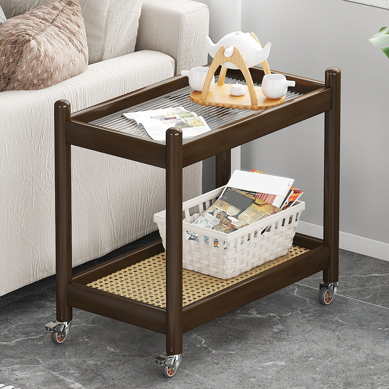 Modern Rectangular Glass Top End Table Wood Base Side Table with Shelf and Wheel