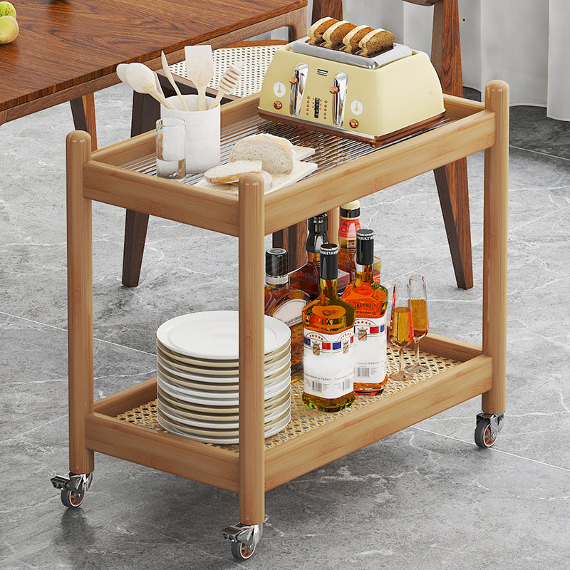Modern Rectangular Glass Top End Table Wood Base Side Table with Shelf and Wheel