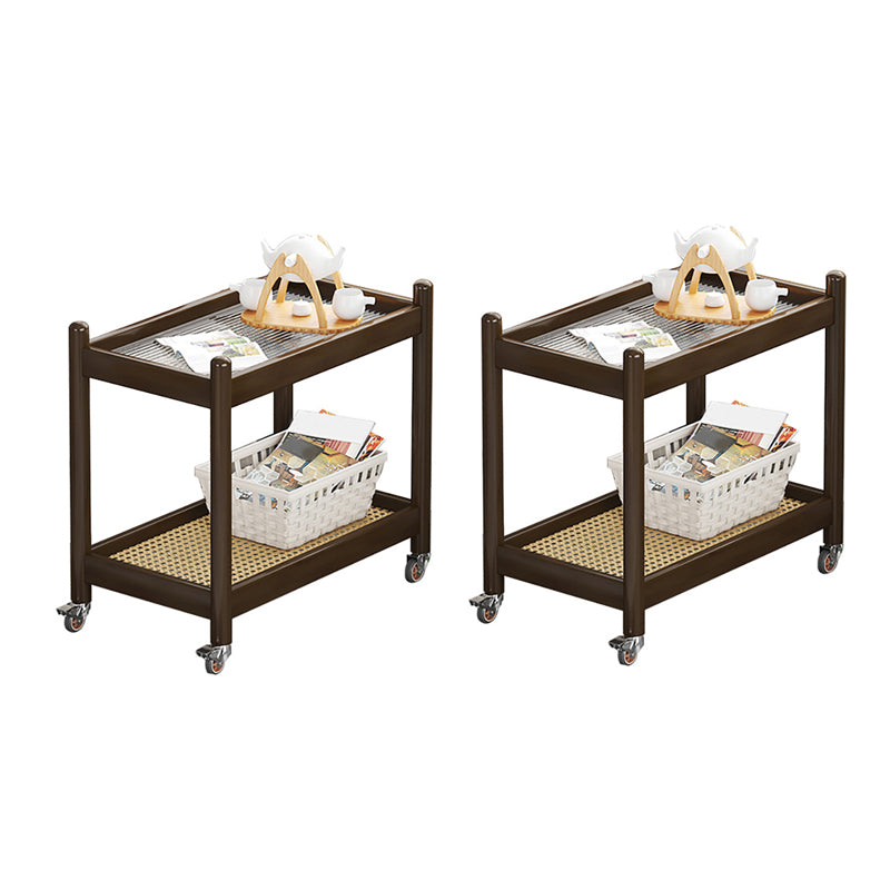 Modern Rectangular Glass Top End Table Wood Base Side Table with Shelf and Wheel