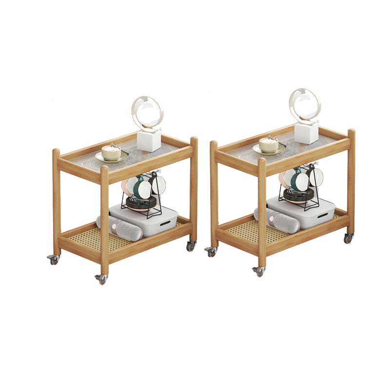 Modern Rectangular Glass Top End Table Wood Base Side Table with Shelf and Wheel