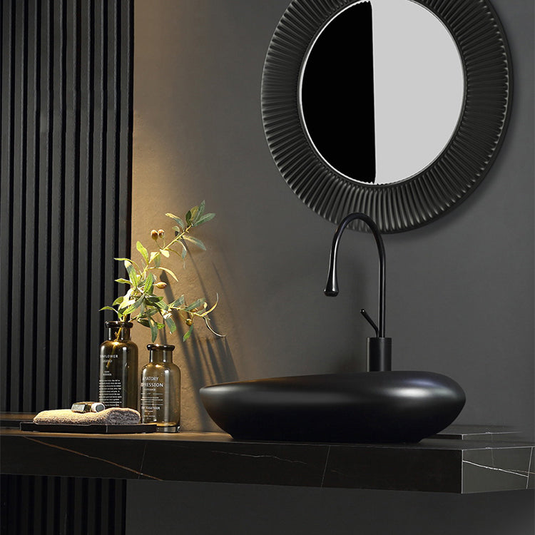 Modern Bathroom Sink Porcelain Pop-Up Drain Oval-Shape Vessel Lavatory Sink