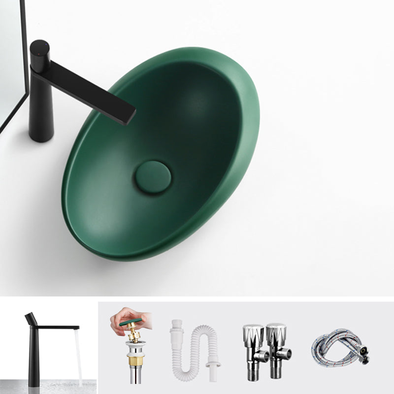 Modern Bathroom Sink Porcelain Pop-Up Drain Oval-Shape Vessel Lavatory Sink