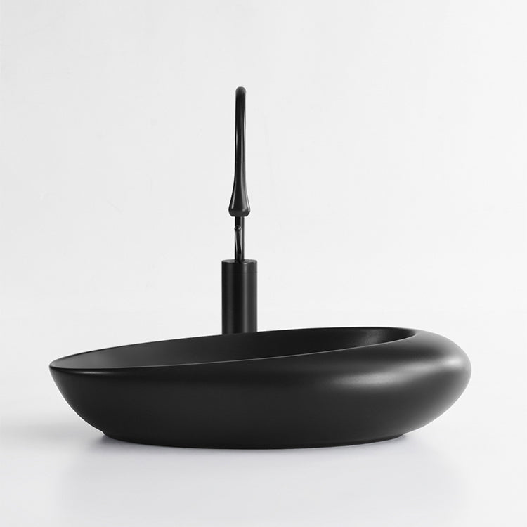 Modern Bathroom Sink Porcelain Pop-Up Drain Oval-Shape Vessel Lavatory Sink