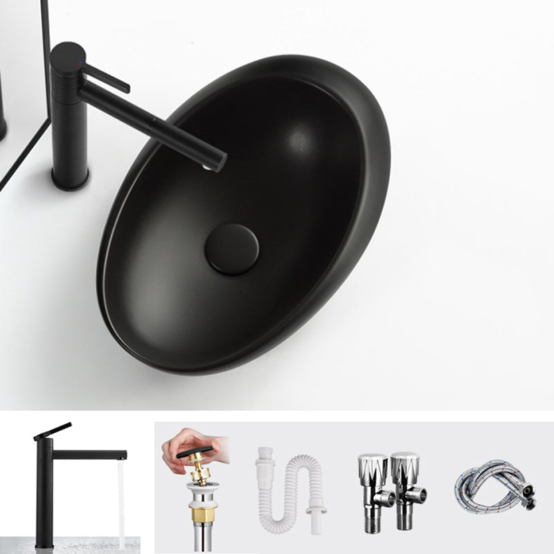 Modern Bathroom Sink Porcelain Pop-Up Drain Oval-Shape Vessel Lavatory Sink