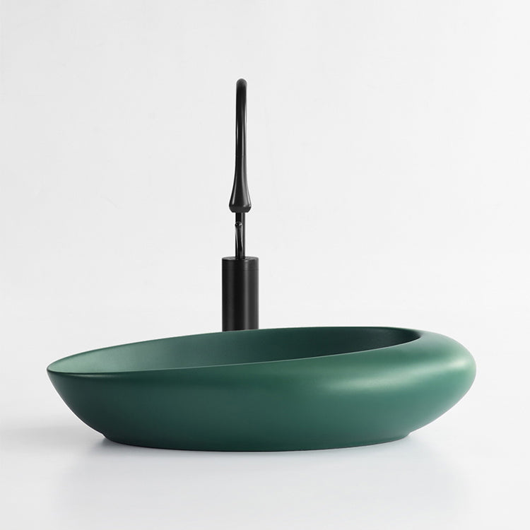 Modern Bathroom Sink Porcelain Pop-Up Drain Oval-Shape Vessel Lavatory Sink