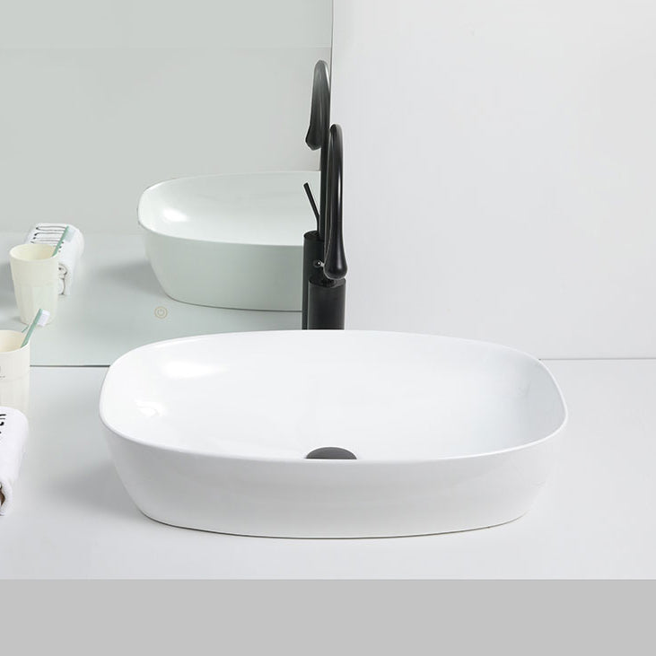 Contemporary Bathroom Sink Porcelain Solid Color Rectangular Vessel with Pop-Up Drain