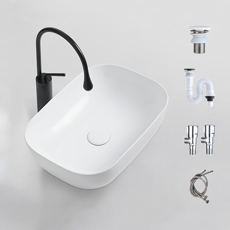 Contemporary Bathroom Sink Porcelain Solid Color Rectangular Vessel with Pop-Up Drain