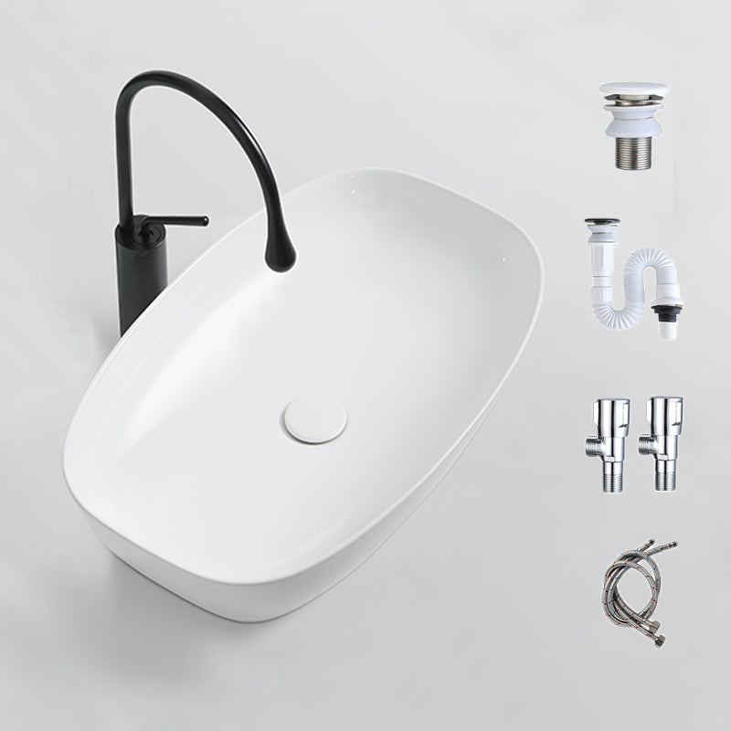 Contemporary Bathroom Sink Porcelain Solid Color Rectangular Vessel with Pop-Up Drain