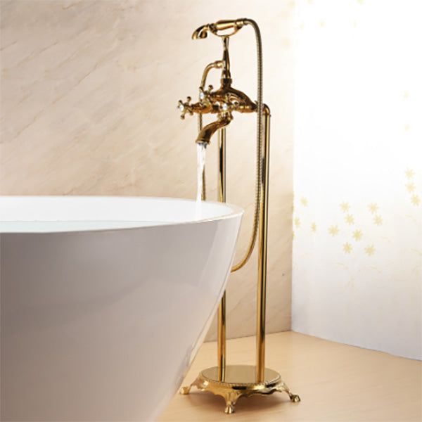 Floor Mounted Tub Spout 3 Handles Traditional Freestanding Tub Filler in Gold